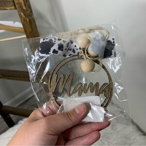 Mama Wooden Car Charm with Cow Print Bow